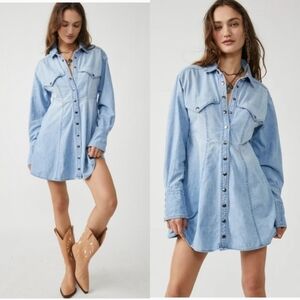 Free People Sammi Chambray Denim Western Snap Up Fit and Flare Mini Jean Dress
